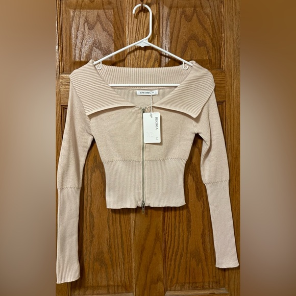 REORIA Off-Shoulder Beige Sweater with 2-Way Zipper Size Small NWT - Picture 2 of 16